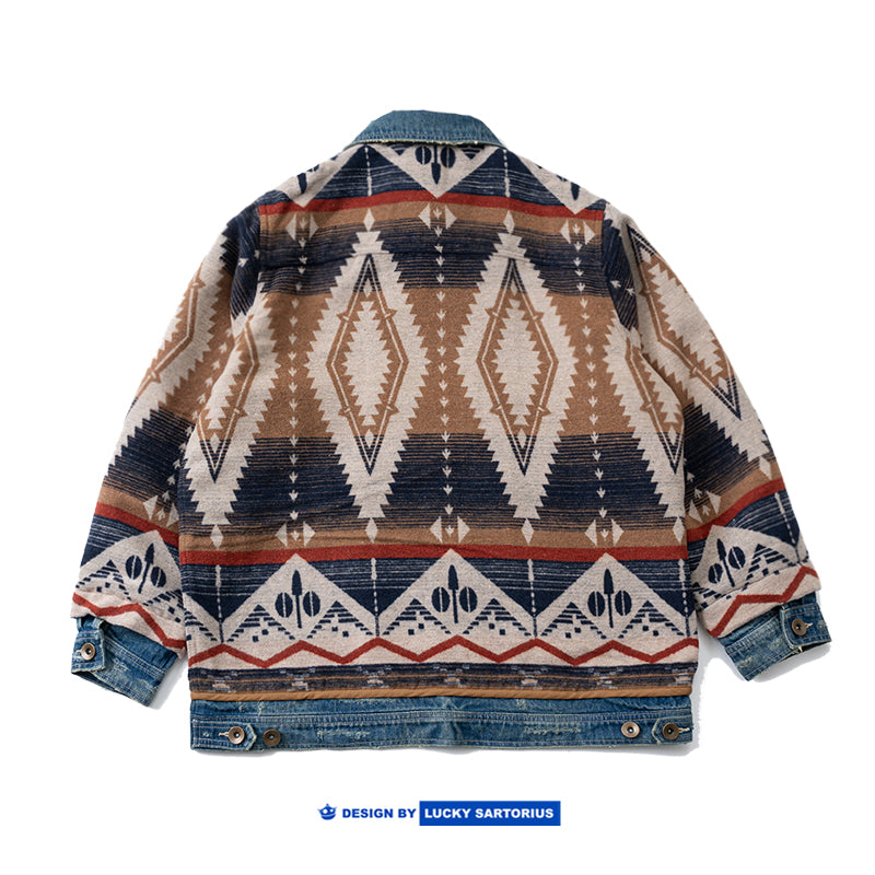 Japanese retro ethnic style woolen denim multi-material stitching deconstructed fake two-piece design jacket jacket men's and women's trend