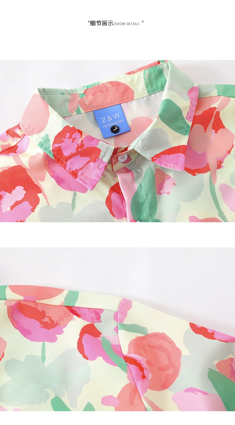 Vintage Hong Kong style printed short-sleeved shirt loose bf casual flower shirt for men and women