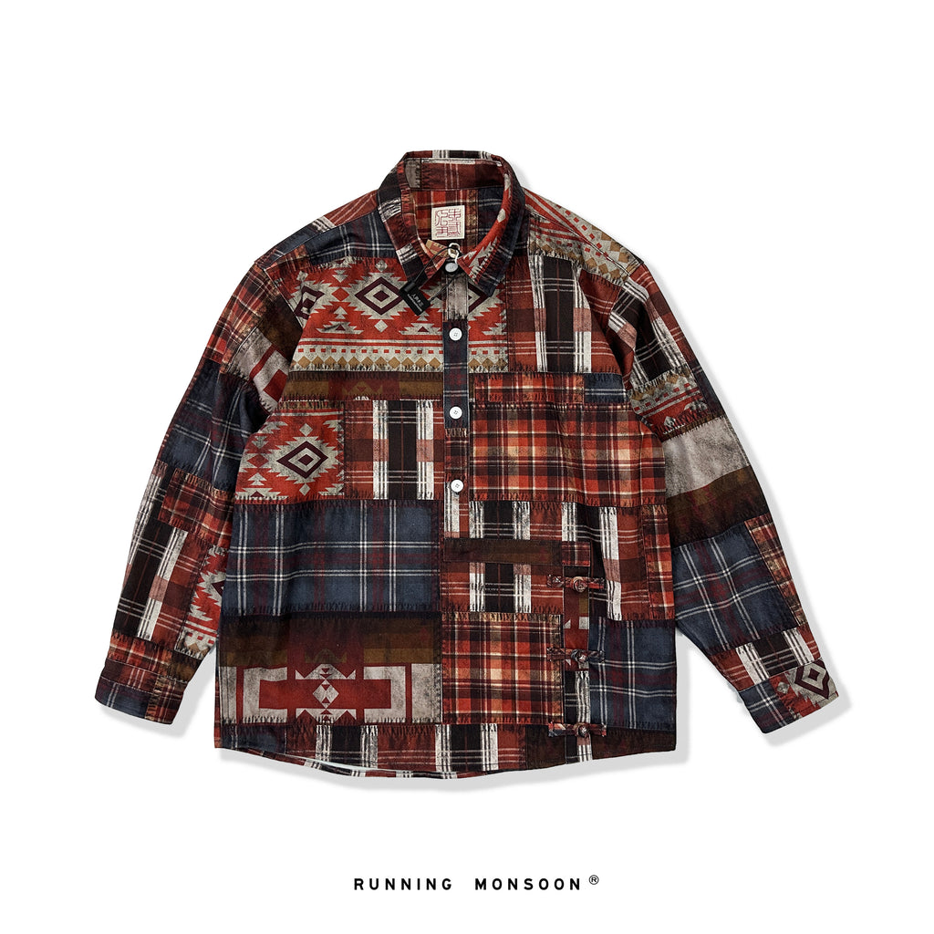 Original Menswear Retro Distressed Plaid Collage Printed Cotton Shirt Long Sleeve Shirt Autumn Winter New Arrivals