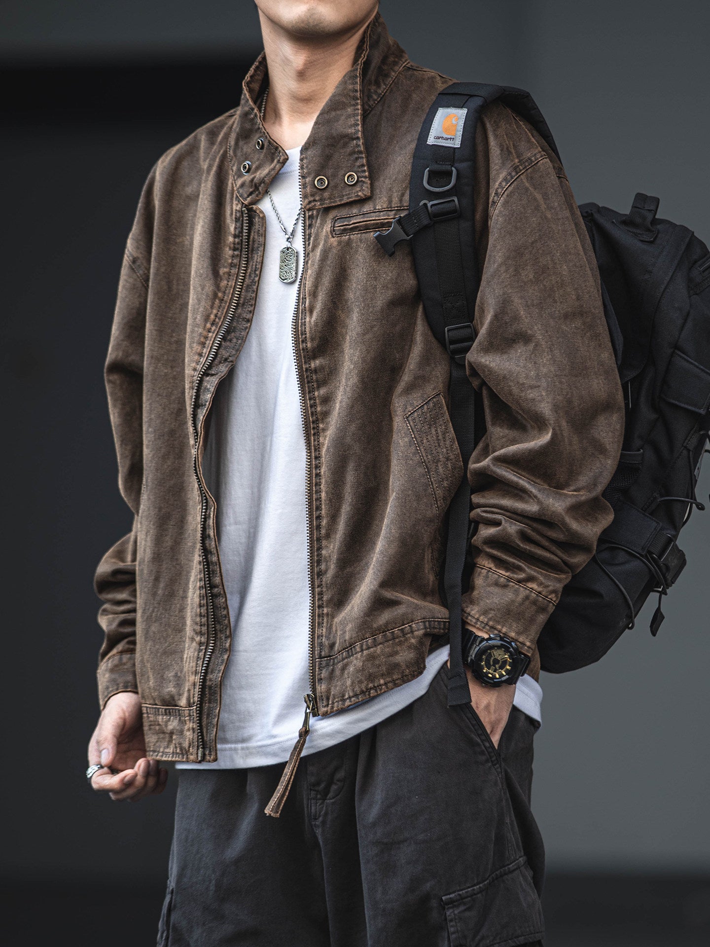 Distressed Oil Wax Cargo Bomber Jacket – Loose Unisex American Streetwear – Japanese vintage | yamalin clothes | Yamalinclothes