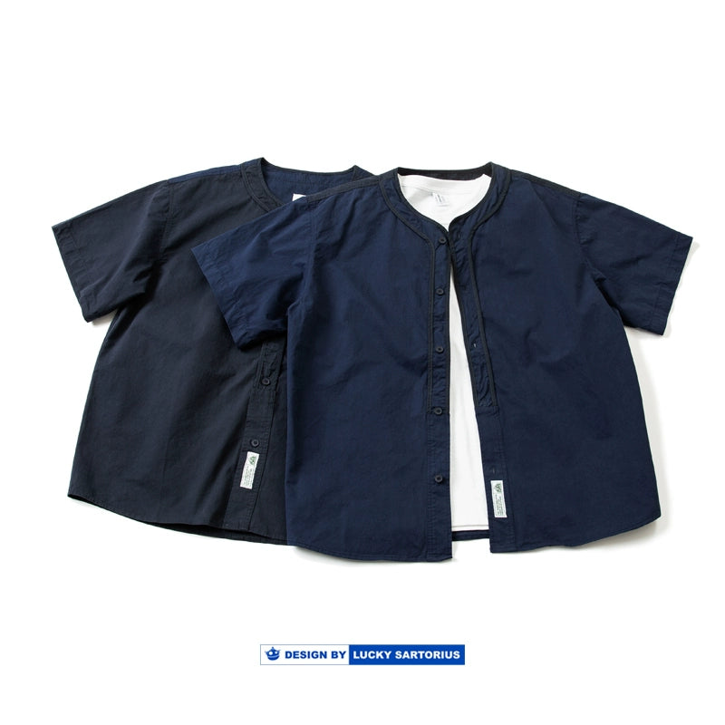 Japanese cityboy style loose version collarless short-sleeved shirt summer youth casual color matching shirt jacket men