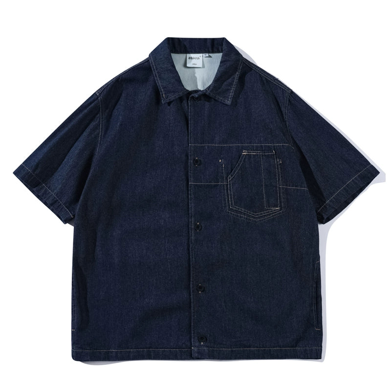 Summer street, Japanese retro Aramco Ka Ji washed, denim short-sleeved shirt, men's and women's loose cargo half-sleeved shirt