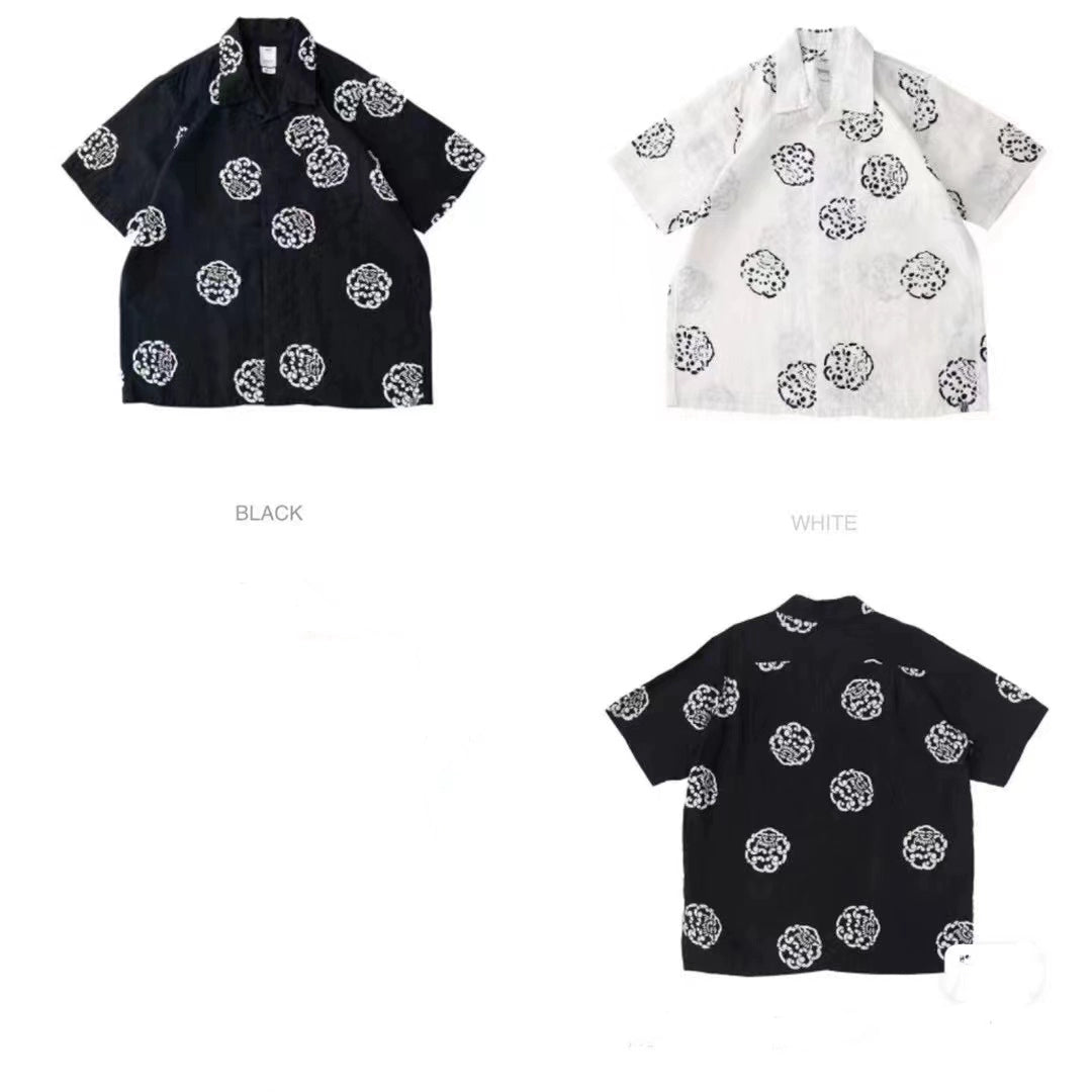 Nakamura limited Hawaiian clouds casual Japanese black and white linen short-sleeved shirt