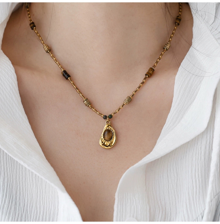 British [designer] Make Kana Maillard style natural tiger's eye necklace stacked clavicle chain ornament