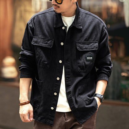 Vintage Chore Jacket Men – Washed Cotton Loose Cargo Workwear Shirt Jacket