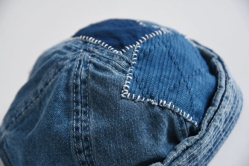 Original design blue dyed ancient cloth stitching denim melon skin hat Japanese retro washed all-match handmade landlord hat for men and women