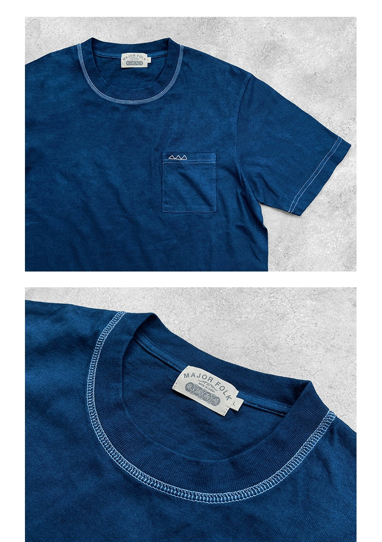 Plant indigo dyeing triangular sashiko embroidery pocket indigo short-sleeved solid color round neck T-shirt indigo men