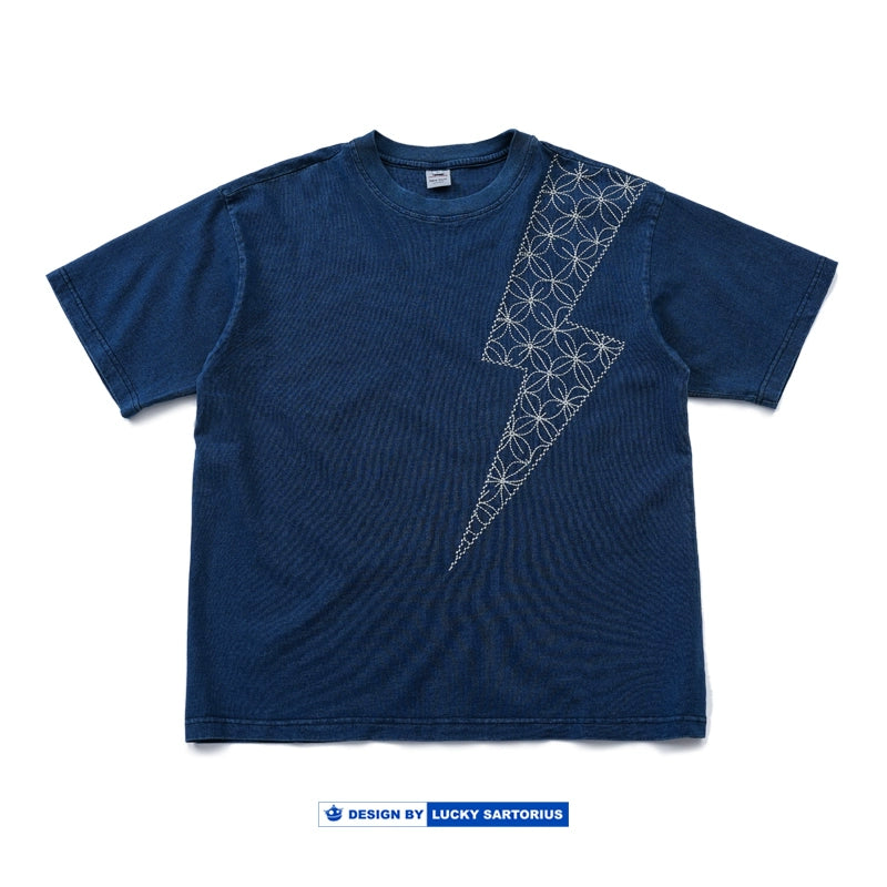 Japanese vintage men's lightning embroidery washed blue dyed denim men's top short sleeve crewneck T-shirt men's and women's t-shirts