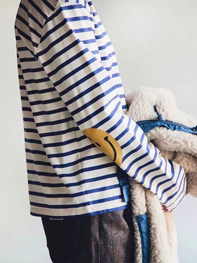 Japanese men's and women's striped four-eye smiley face print casual long-sleeved base shirt T-shirt