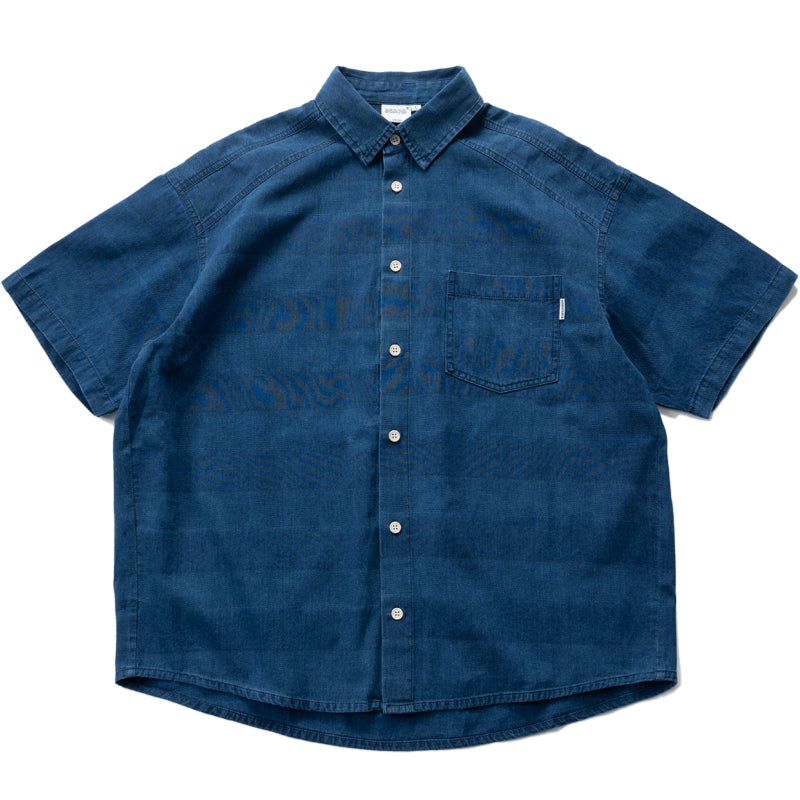 Indigo washed texture, personalized custom woven fabric, loose French cargo style, multi-pocket short-sleeved shirts, shirts for men and women
