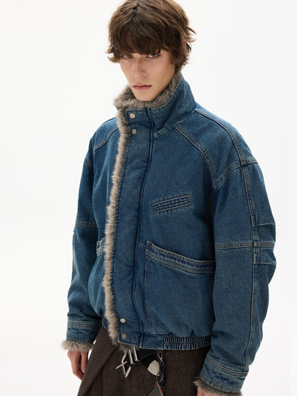 American Vintage Deconstructed Washed Denim Fur-Collar Jacket – Oversized Unisex Trucker Coat