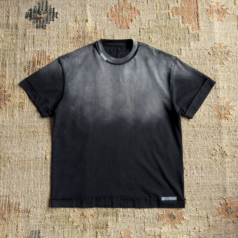 Japanese vintage heavy gradient wash destruction vintage embroidery loose fit short sleeve T-shirt men's and women's T-shirts trendy