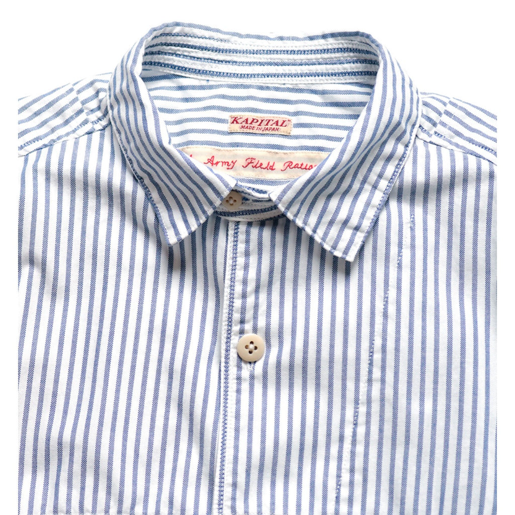 Japanese casual pleated two-pocket blue and white striped lapel loose long-sleeved shirt