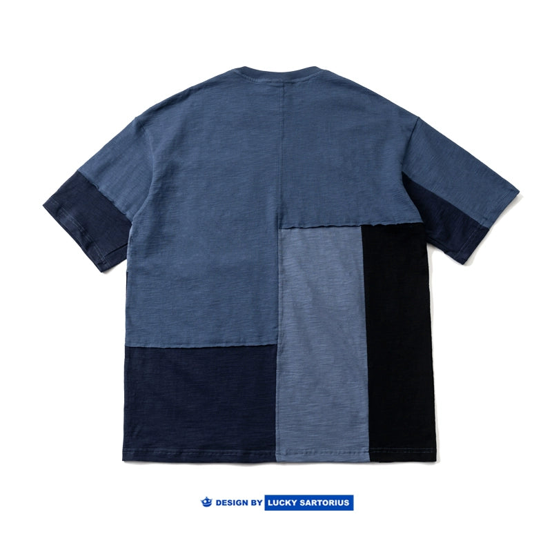 Japanese summer cotton bamboo cotton contrast color stitching loose casual short-sleeved T-shirt