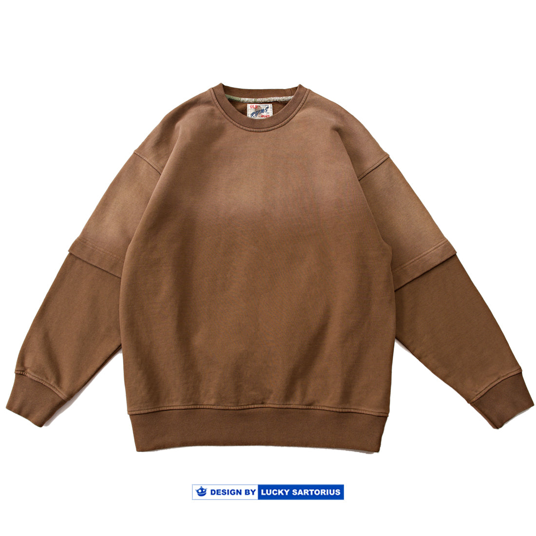 Japanese men's heavy washing fake two-piece sleeve round collar pullover long-sleeved sweater