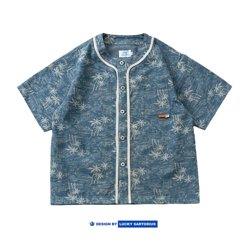 Japanese vintage island coconut tree pattern denim loose collarless short-sleeved shirt in summer layered with jackets for men and women