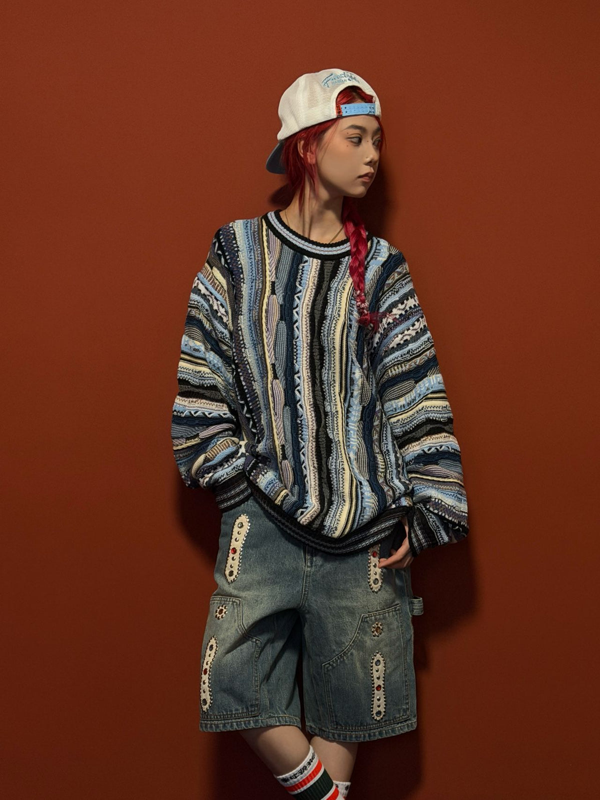 Vertical Stripe Patchwork Jacquard Crew Neck Sweater – Loose Unisex