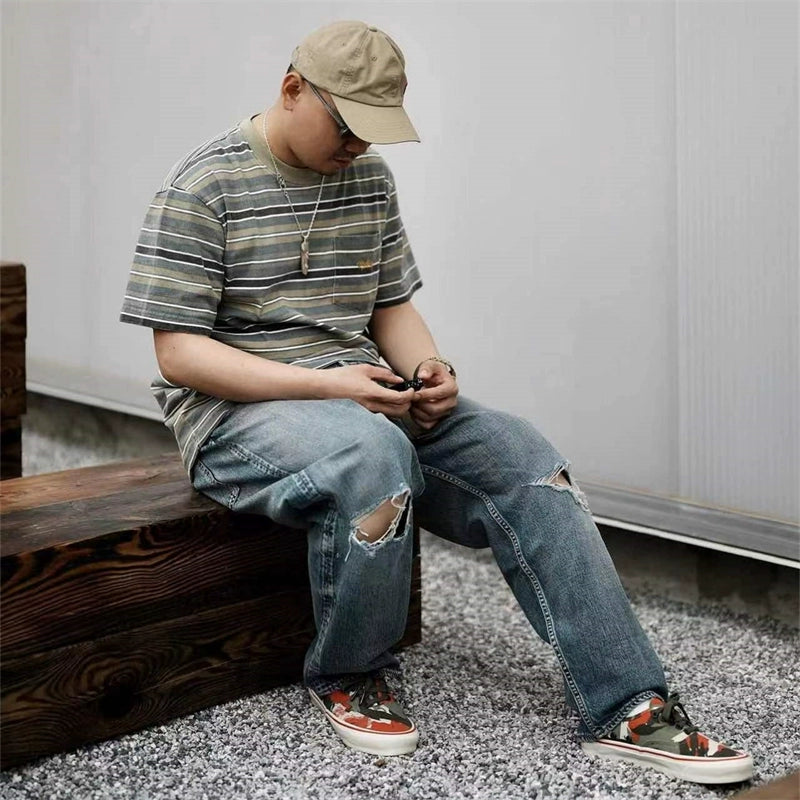 Summer striped short-sleeved T-shirt for men and women round neck 280g heavy T-shirt