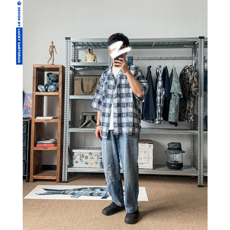 Summer New Japanese Vintage Loose Casual Shirt Personality Raw Plaid Shirt Spring Summer Men's Jacket Top