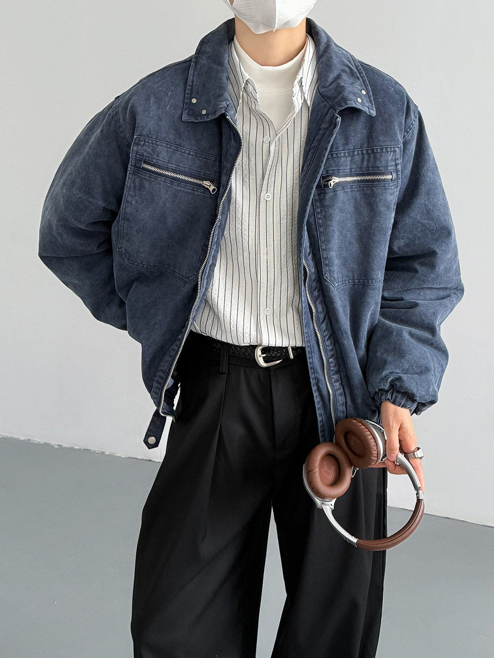 Vintage Distressed Padded Denim Jacket – Oversized Men’s Zipper-Trim Quilted Trucker Coat