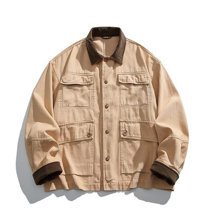 Cotton Cargo Jacket – Corduroy Collar & Four Pockets | Yamalin clothes | Vintage workwear outfit for men