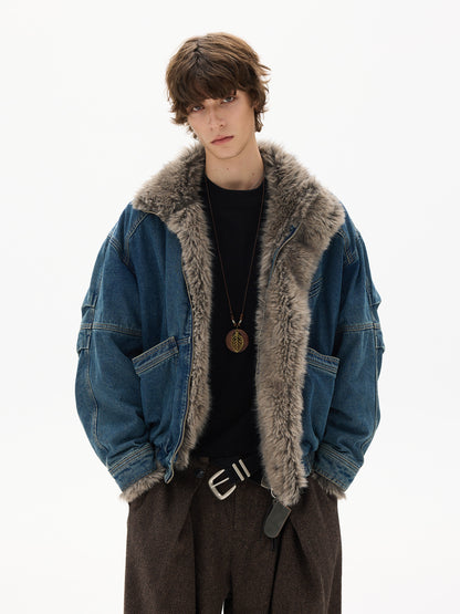 American Vintage Deconstructed Washed Denim Fur-Collar Jacket – Oversized Unisex Trucker Coat