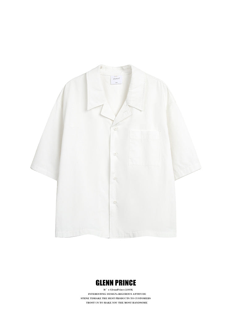 Korean version solid color Cuban collar short sleeve shirt men's summer cleanfit cropped non-iron ice silk shirt