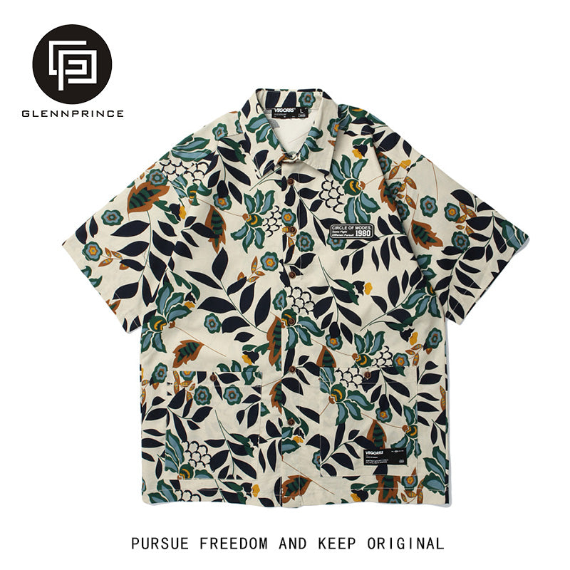 Summer retro fashion brand floral short sleeve shirt men's Hawaiian cotton linen beach linen couple floral shirt Hong Kong style
