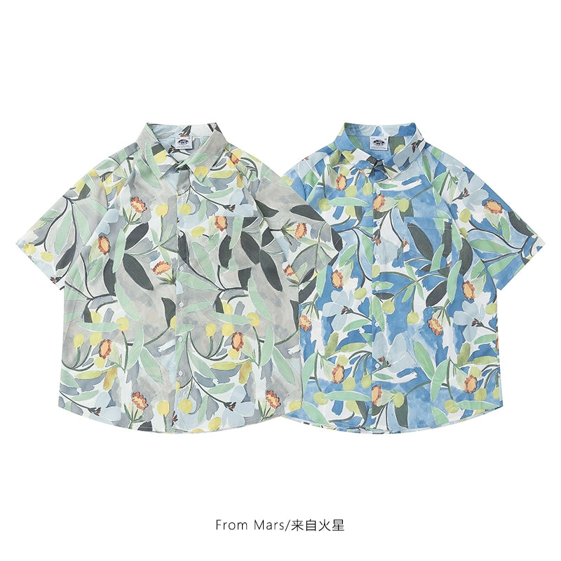 Japanese retro floral full-print short-sleeved shirt tide oversize lovers cardigan