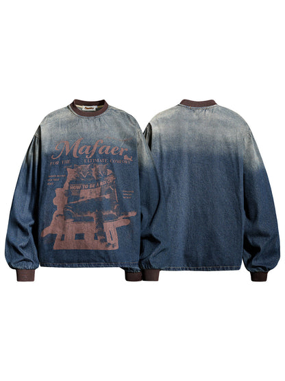 Washed Letter Print Denim Long Sleeve Sweatshirt – Loose Unisex American Vintage