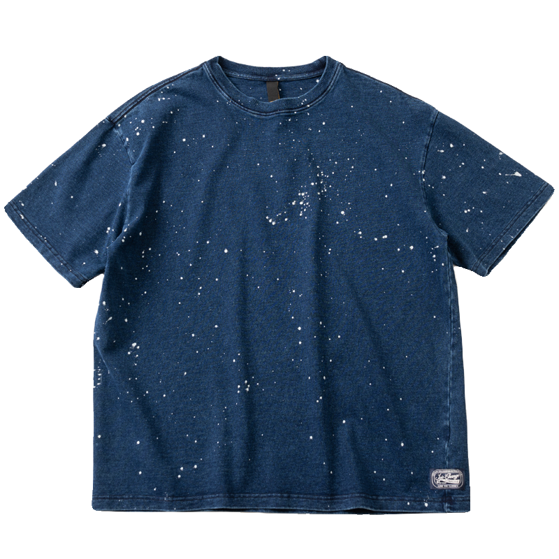 Japanese retro Indigo washed high-gram weight all-cotton ink-splashed short-sleeved T-shirt