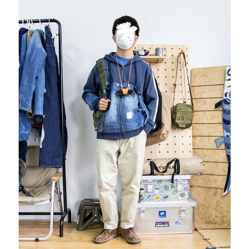 denim large pocket stitched strap design hooded jacket jacket men