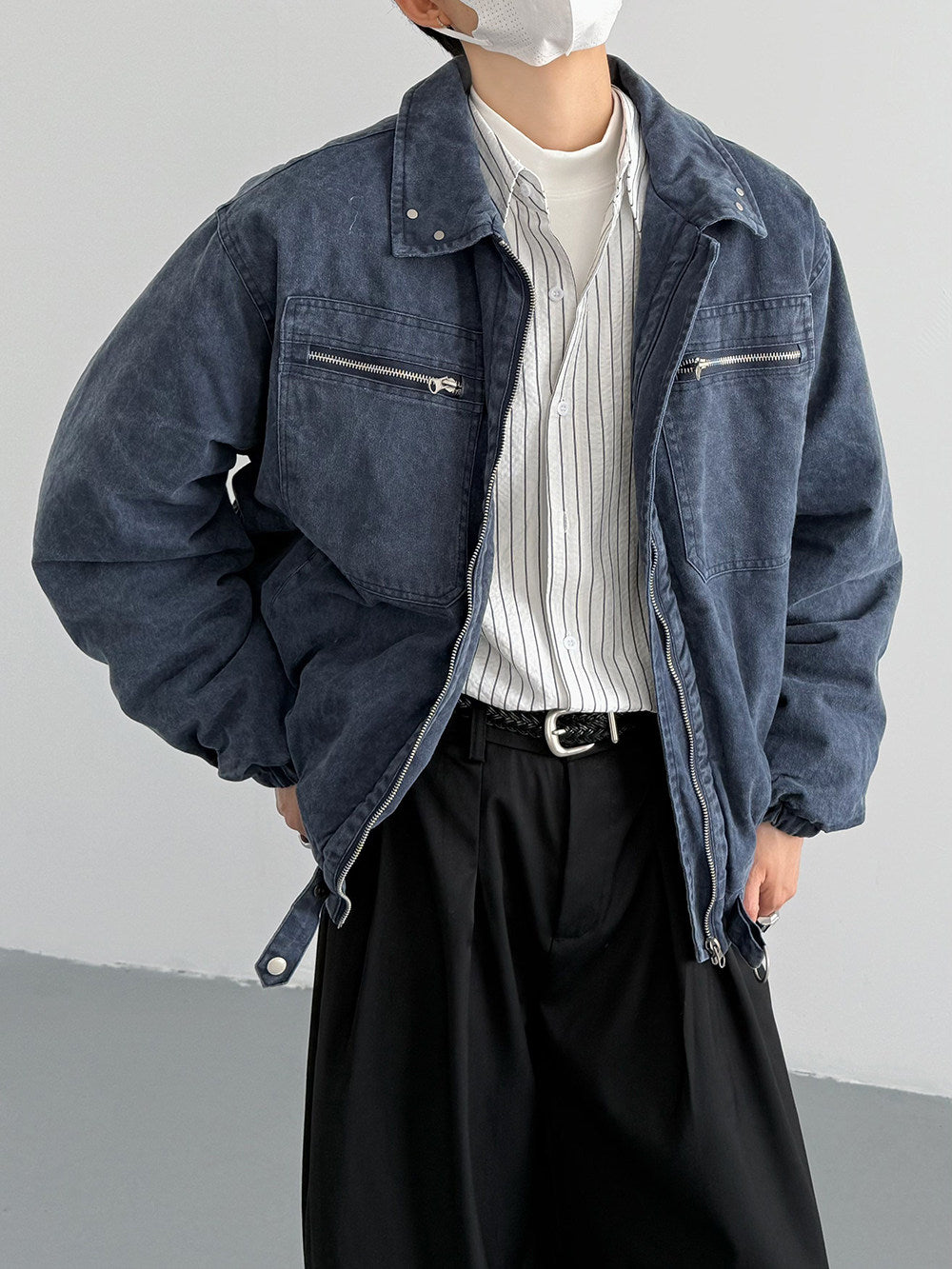 Vintage Distressed Padded Denim Jacket – Oversized Men’s Zipper-Trim Quilted Trucker Coat