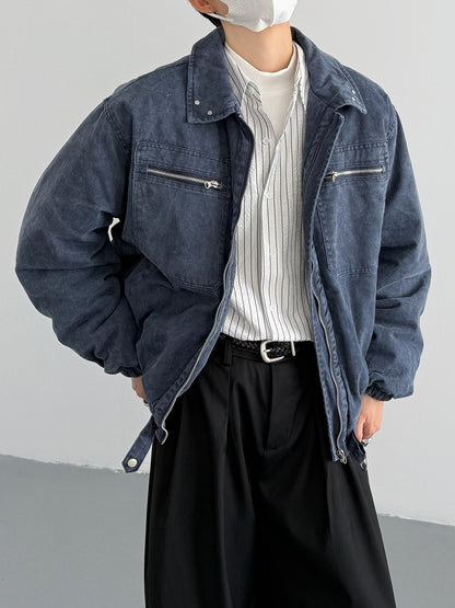 Vintage Distressed Padded Denim Jacket – Oversized Men’s Zipper-Trim Quilted Trucker Coat