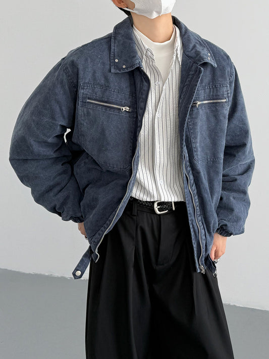 Vintage Distressed Padded Denim Jacket – Oversized Men’s Zipper-Trim Quilted Trucker Coat – Japanese vintage | yamalin clothes | Yamalinclothes