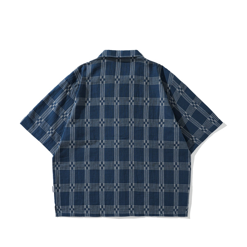 Summer Chinese ethnic style Cuban collar checked shirts for men and women loose age reduction short-sleeved overalls shirt tide