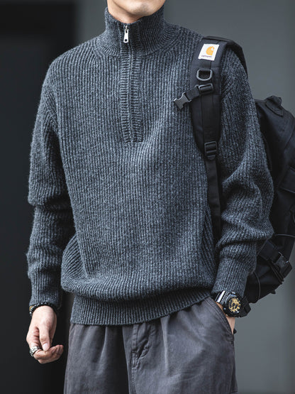 American Vintage Half-Zip Stand Collar Knit Pullover Sweater – Loose Unisex Autumn Winter – Japanese vintage | yamalin clothes | Yamalinclothes