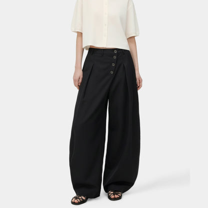 Wide-Leg Trousers – Diagonal Buttons & Deep Pleats