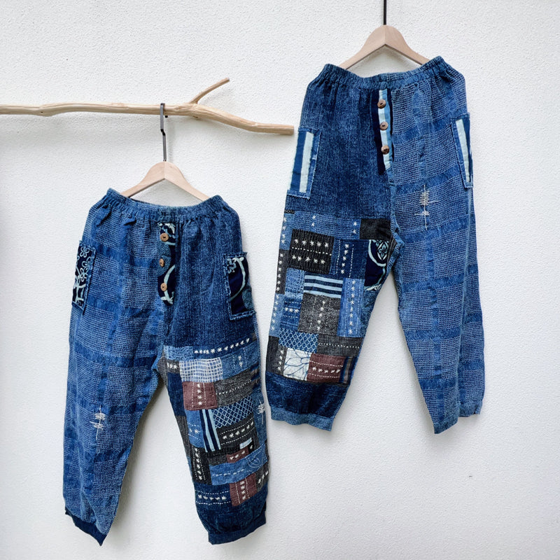 New Thailand handmade thorn embroidery patchwork washed cotton casual pants comfortable blue dyed pants