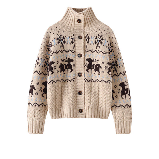 Heavyweight Jacquard Stand-Collar Knit Jacket – 800g Oversized Unisex