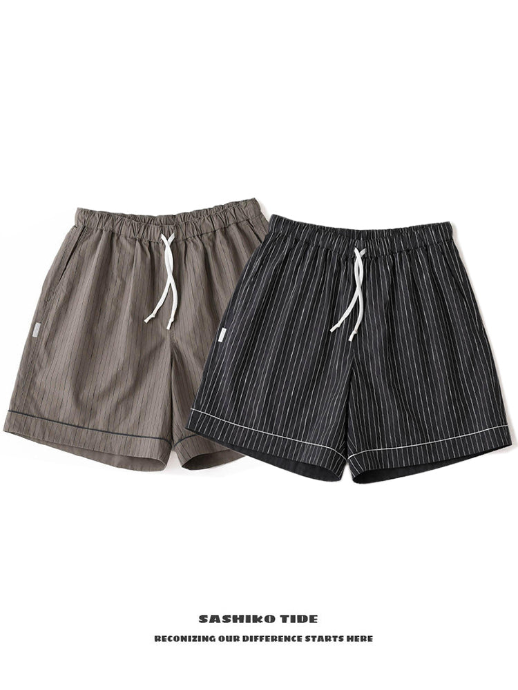 Japanese summer hand-painted stripes loose drawstring elastic trend casual sports shorts