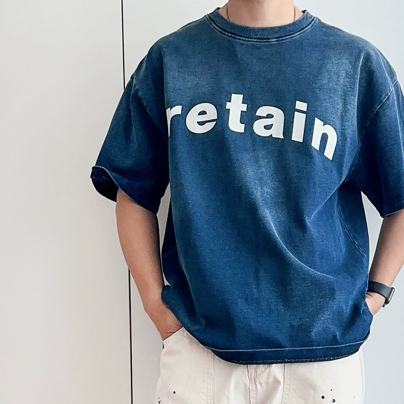 Japanese retro high grammage 320g washed indigo crew neck pullover short sleeve T-shirt English print T-shirt for men and women