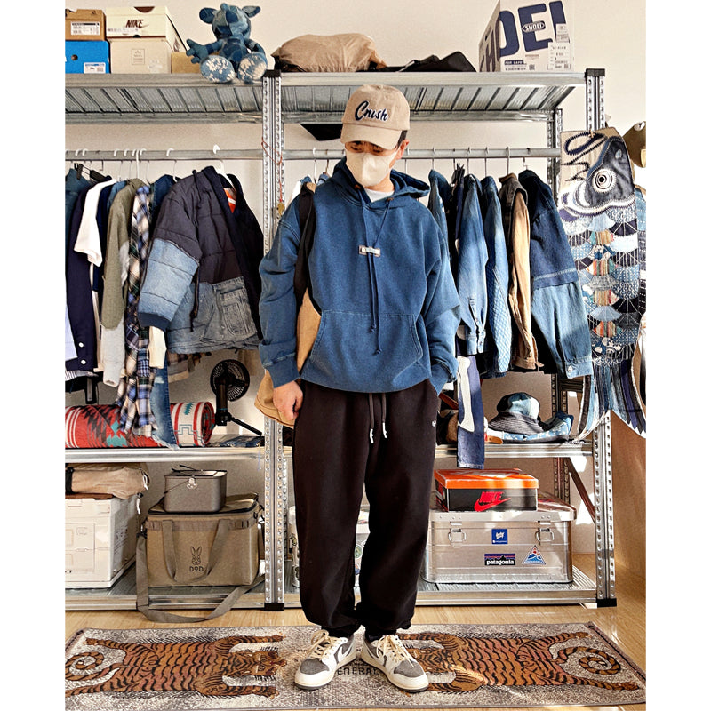 spring and summer new indigo dyed hooded sweater retro presbyopia patchwork men's jacket