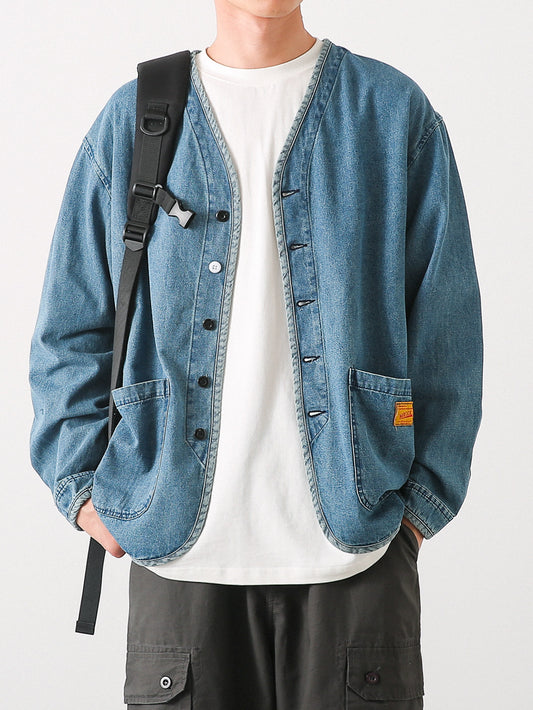 Japanese retro style washed denim long-sleeved collarless jacket for men, versatile youth denim coat.