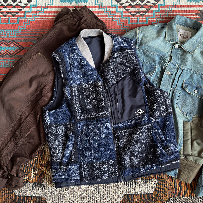 Japanese Perris pattern cashew nut flower reversible cotton vest young men and women autumn and winter thermal vest jacket men and women tide