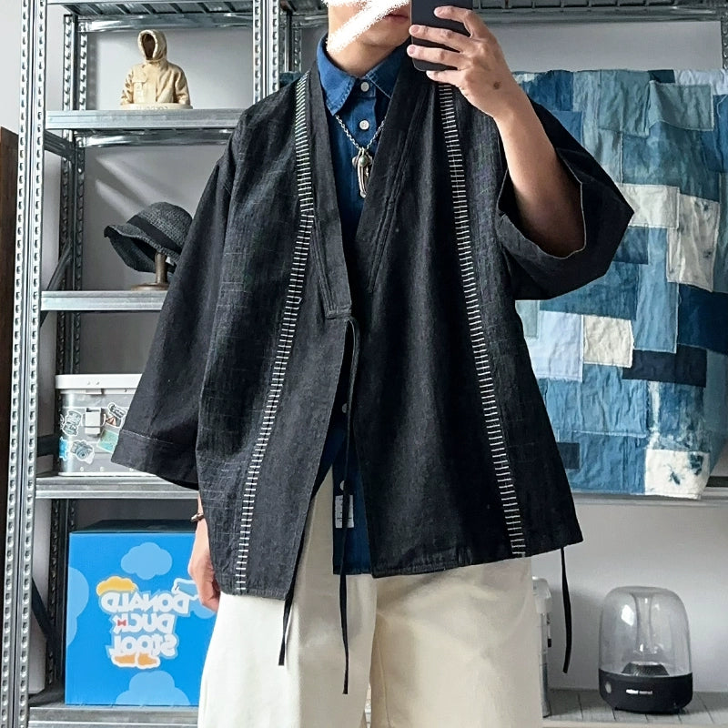 Japanese ethnic style embroidery denim multi-material stitching, loose and lazy, casual retro robe, jacket for men and women