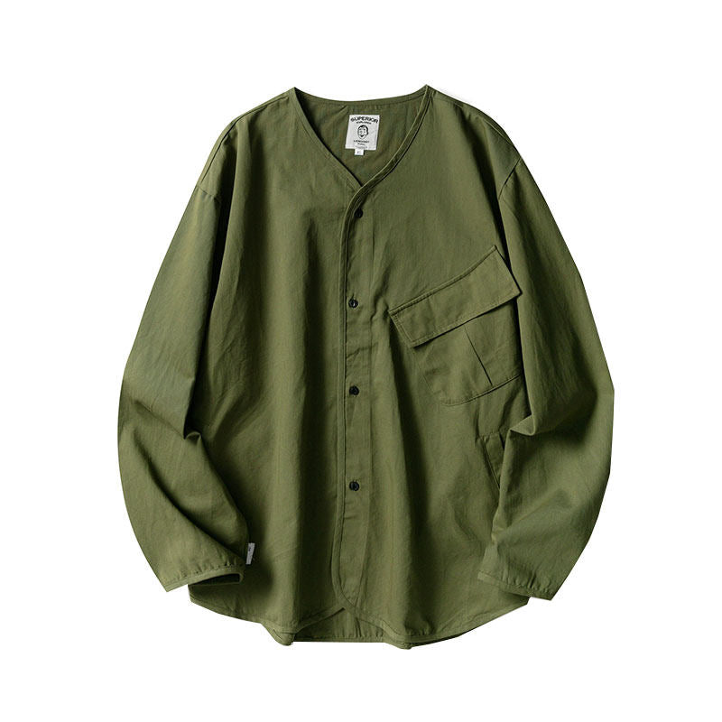 Japanese style men and women loose collarless tooling insert pocket casual all-match jacket shirt details full score