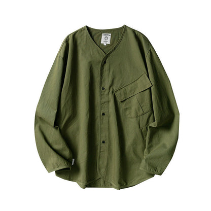 Japanese style men and women loose collarless tooling insert pocket casual all-match jacket shirt details full score