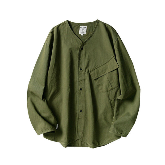 Japanese style men and women loose collarless tooling insert pocket casual all-match jacket shirt details full score