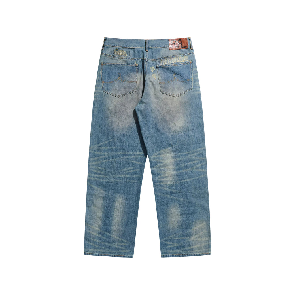 Japanese casual tannins washing multi-pocket old retro destruction straight jeans pants